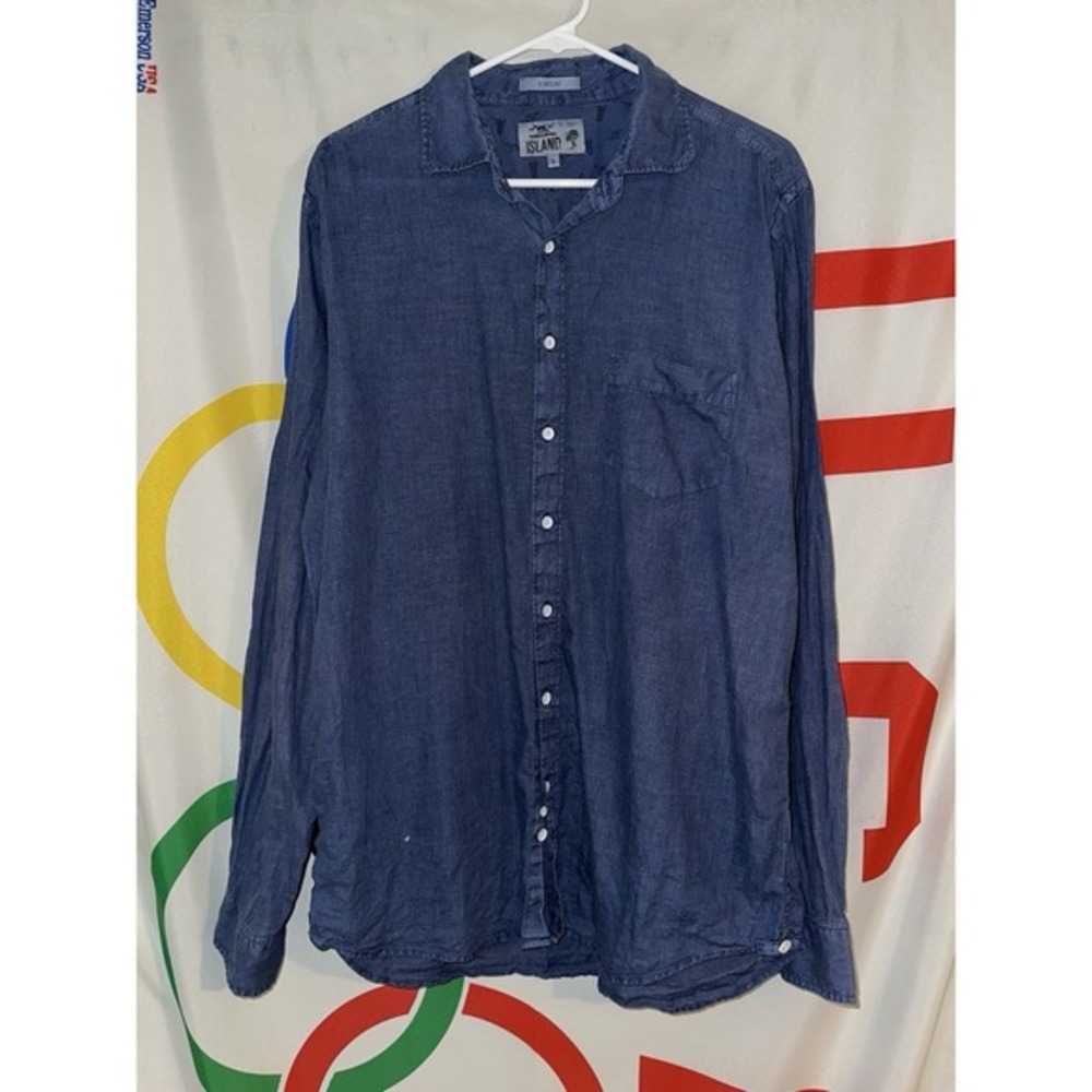 Rodd & Gunn Island Linen Button Up Shirt Large Navy Blue Long‎ Sleeve